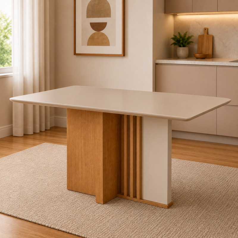 MESA LOPAS ASTRID 160X80 CANT.COPO C/VIDRO AMENDOA CLEAN/OFF WHITE