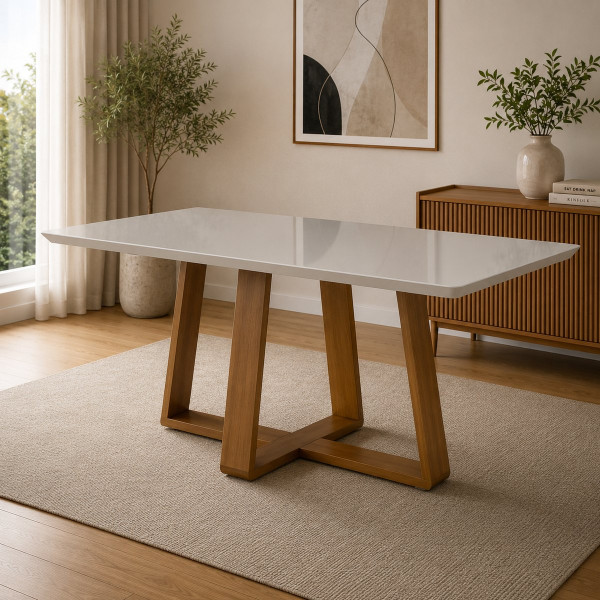 MESA IMCAL WOOD 1.8 C/ VIDRO RETANGULAR OFF WHITE/CINAMOMO