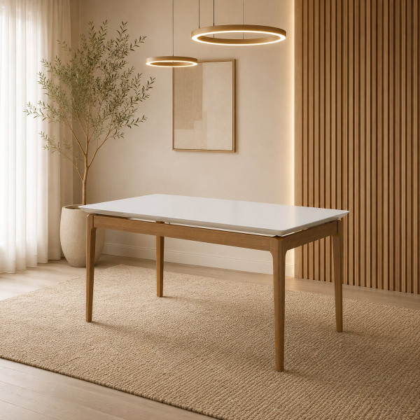 MESA IMCAL WIND 1.6 C/ VIDRO RETANGULAR OFF WHITE / CINAMOMO