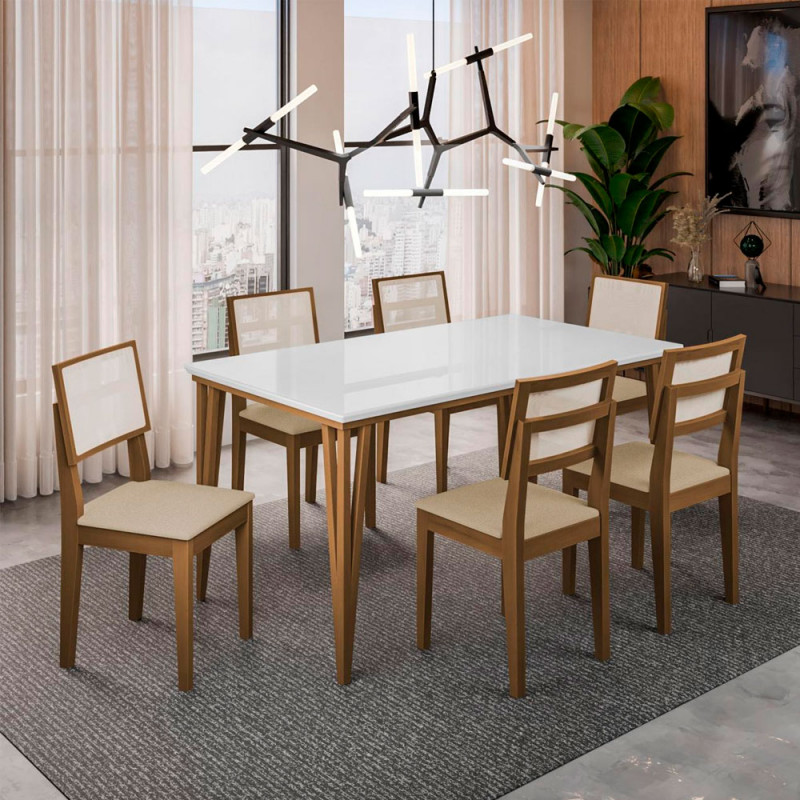 CJ MESA 6C DOBUE SAFIRA 160X90 C/VIDRO CAD SAFIRA IMBUIA/BRANCO OFF/AREIA LINHO