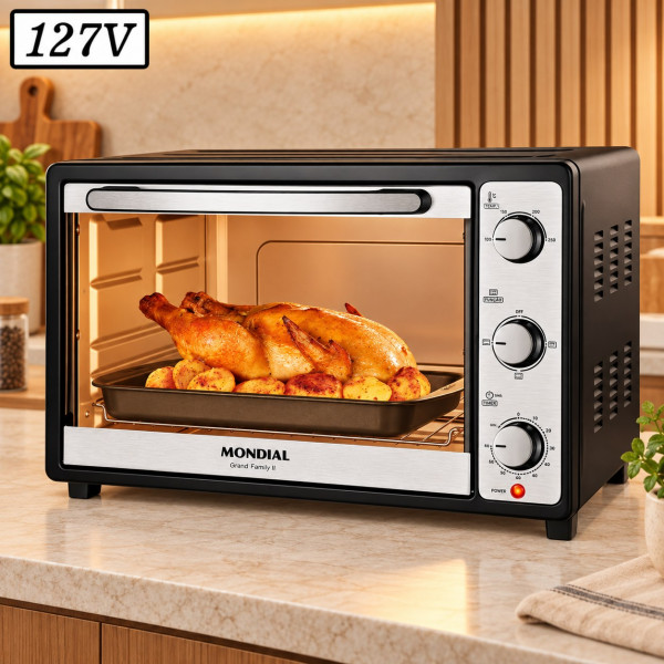 FORNO ELETRICO MONDIAL FRN-52-B GRAND FAMILY II 52L 1800W 127V PRETO/INOX FORNO ELETRICO MONDIAL FRN-52-B GRAND FAMILY II 52L 1800W 127V PRETO/INOX