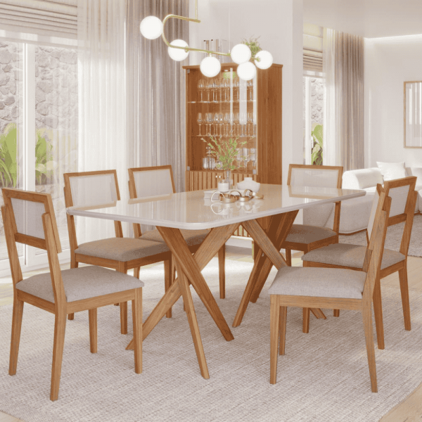 CJ MESA 6C CIMOL CACAU 180x90 C/VDO CAD. ENCANTO MADEIRA/OFFWHITE/LINHO BEGE