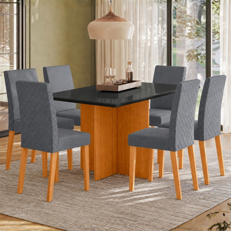 CJ MESA 6C POLIMAN HELO RETANGULAR 160X80 C/VIDRO PRETO CAD LUARA FREIJO/GRISS CJ MESA 6C POLIMAN HELO RETANGULAR 160X80 C/VIDRO PRETO CAD LUARA FREIJO/GRISS