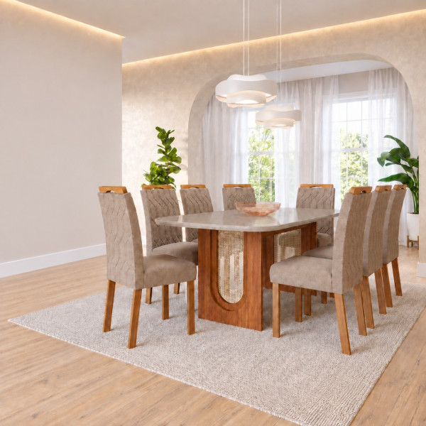 CJ MESA 8C CIMOL VALENTINA RETANGULAR 210X100 C/VDO CAD. PAOLA WOOD CINAMOMO/OFF WHITE/LINHO BEGE CJ MESA 8C CIMOL VALENTINA RETANGULAR 210X100 C/VDO CAD. PAOLA WOOD CINAMOMO/OFF WHITE/LINHO BEGE