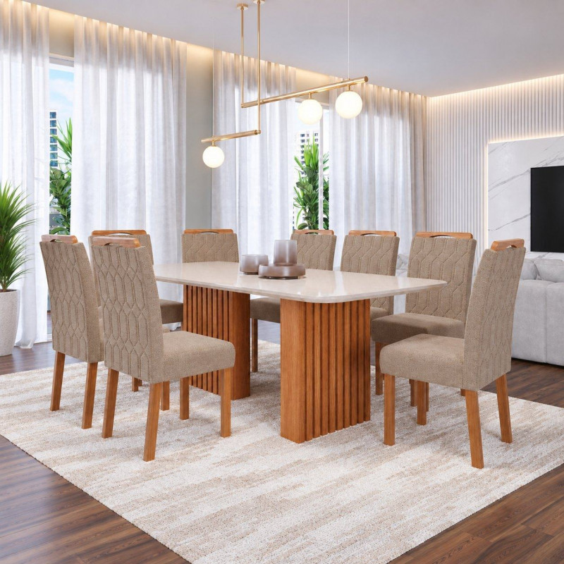 CJ MESA 8C CIMOL ESTER RETANGULAR 210X100 C/VDO CAD. PAOLA WOOD CINAMOMO/OFF WHITE/LINHO BEGE CJ MESA 8C CIMOL ESTER RETANGULAR 210X100 C/VDO CAD. PAOLA WOOD CINAMOMO/OFF WHITE/LINHO BEGE